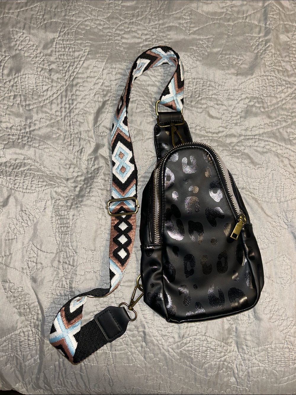Black Leopard Print Crossbody Sling Bag with Patterned Strap